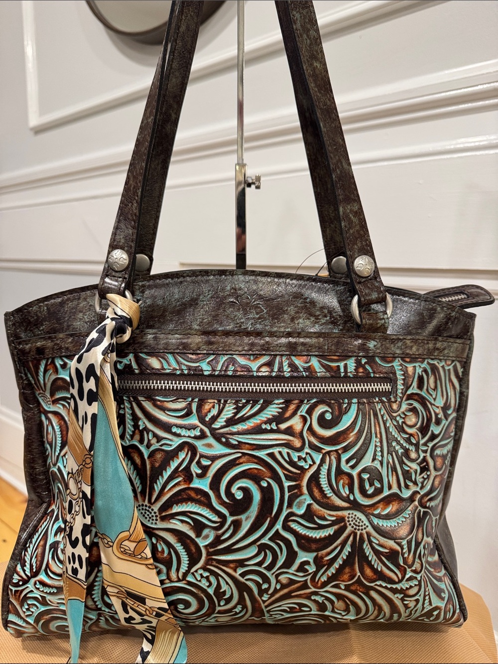 Patricia Nash Bag Tooled Turquoise Brown Leather Floral Embossed Tote NWT - Picture 5 of 17